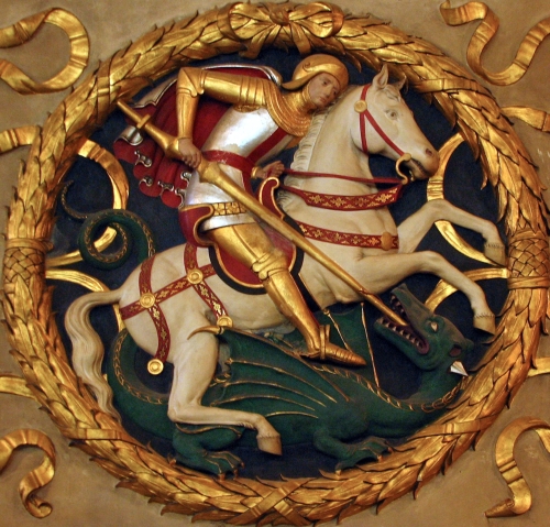 Classical Christian art depiction of Saint George "slaying the dragon", also a symbol for mastery of sacred wisdom to overcome evil