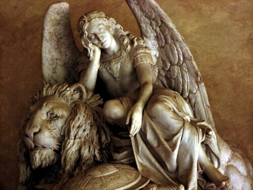 'Angel and Lion' sculpture by Ziandereden, in Church of Santa Croce, Florence Italy