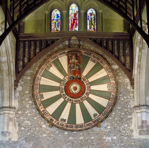 Arthurian Round Table (11th century) replica of King Arthur's Round Table artifact, naming 24 Grand Officers, in the Great Hall of Winchester Cathedral, England