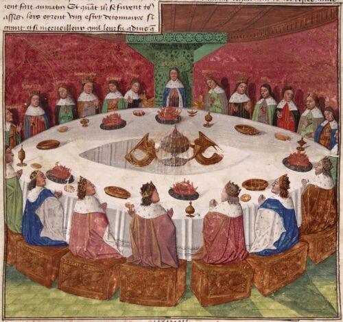 "Holy Grail at the Round Table" (1470 AD), depicting 20 Grand Officers, in Biblioteque Nationale de France, manuscript MS-FR-112-3-F5R