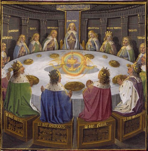 "Holy Grail at the Round Table" (1475 AD), depicting 15 Grand Officers, in Biblioteque Nationale de France, in "Lancelot and the Holy-Grail" manuscript, MS-FR-116F / Folio-610V