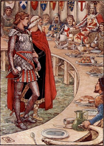 "Sir Galahad is Brought to the Court of King Arthur" by Walter Crane (1911 AD), depicting Crown Officers reporting to the Grand Mastery