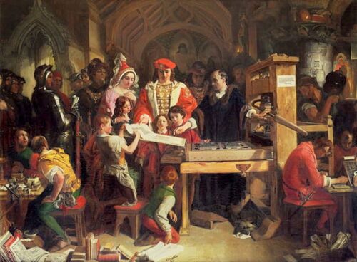 'William Caxton Showing First Specimen of Printing to King Edward IV' by Daniel Maclise (1851 AD), with children