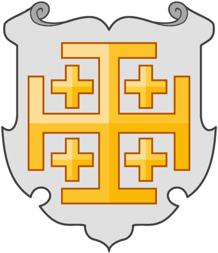 Cross of Jerusalem, heraldic symbol, as "five crosses" on the sword of Joan of Arc