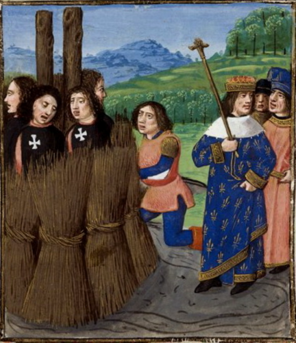 'Burning of Templars' (ca. 1480 AD) by Giovanni Boccaccio, depicting King Philip IV (in British Library, Royal 14 E V F-492-V)