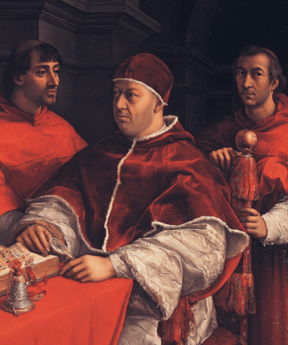 'Portrait of Pope Leo X with Cardinals' (ca. 1518 AD) by Raphael in Uffizi Gallery (Detail)