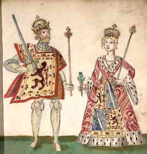 Robert I 'The Bruce' and his wife Isabella, in 'Forman Armorial' (1562 AD), produced for Mary Queen of Scots, in National Library of Scotland (Detail)