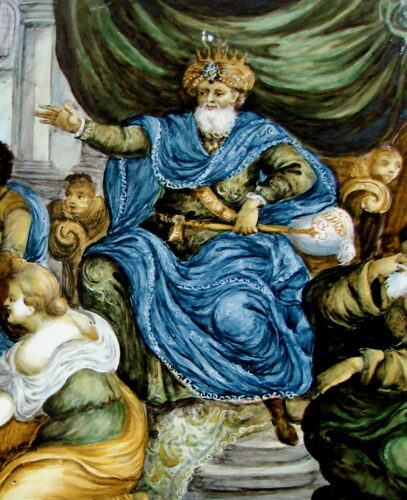 ‘The Judgment of Solomon’ (18th century) by Castelli on ceramic in Musée de Lille (Detail)