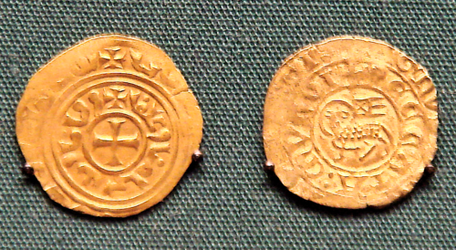 “Bezant” Gold Coins of the Kingdom of Jerusalem, minted ca. 1250 AD, artifacts in the British Museum, featuring Templar “Agnus Dei” seal (at right)