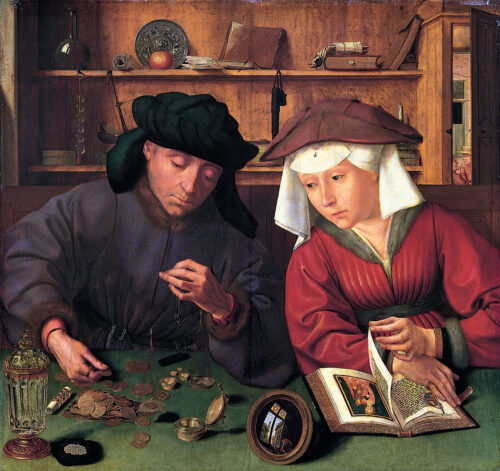 'The Money Lender and His Wife' (1514 AD) by Quentin Matsys (Belgium) in Louvre Museum, Room 811, based on lost painting by Jan van Eyck ca. 1433 AD